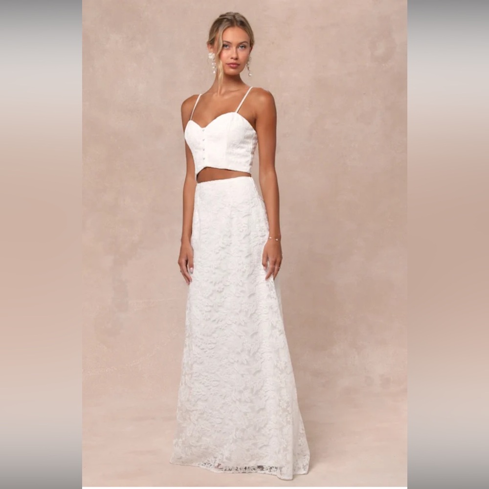 Wonderfully Yours White Tulle Embroidered Two-Piece Maxi Dress